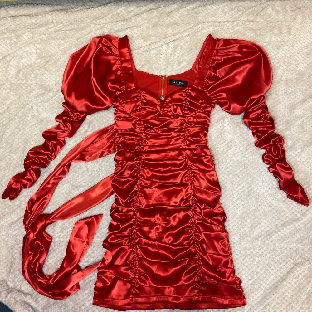 Satin Tie Back Long Sleeve Dress - Two Zippers with Clip & Hook